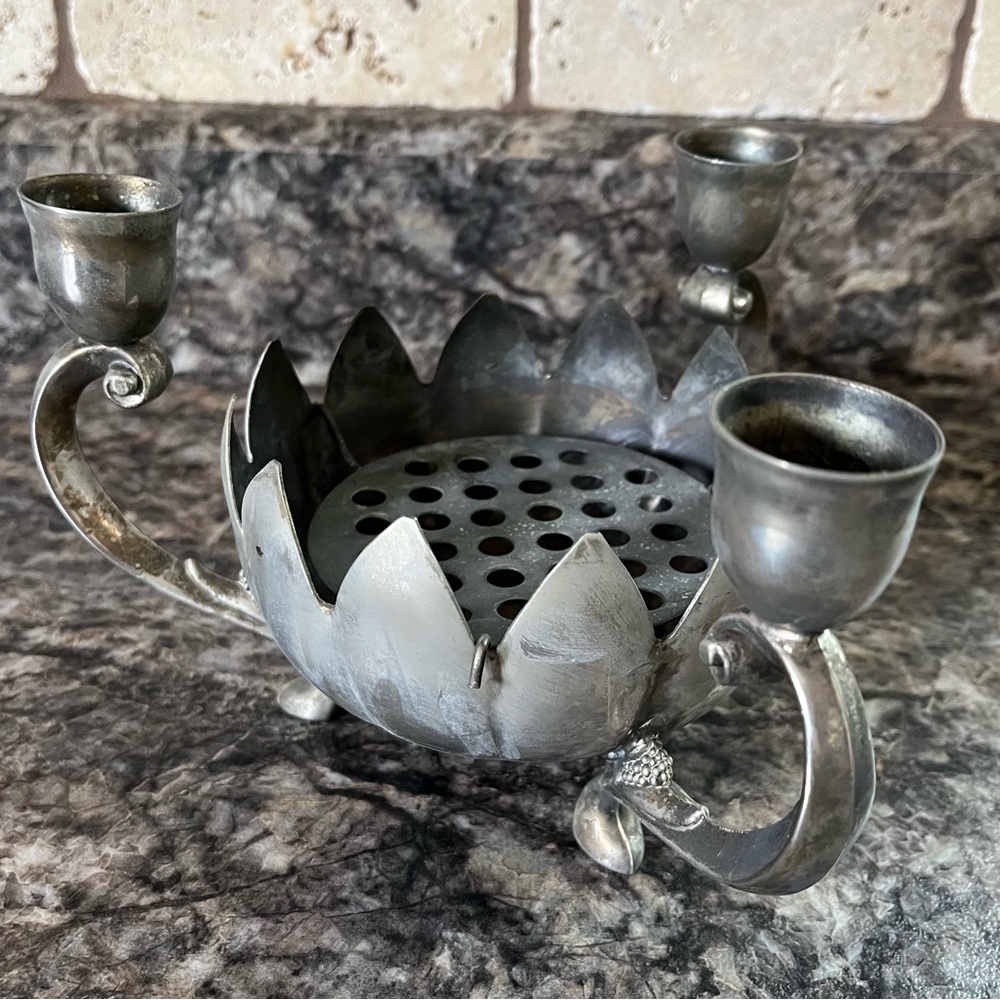 Antique Silver-Plated Floral Three-Arm Flower Frog Centerpiece